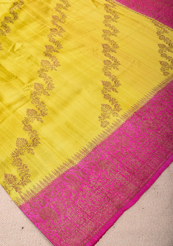 Raw Silk Saree in Yellow with Kadhuwa Jungla in Antique Zari Leheria Jaal in Sunshine Yellow and Pink | SILK MARK CERTIFIED