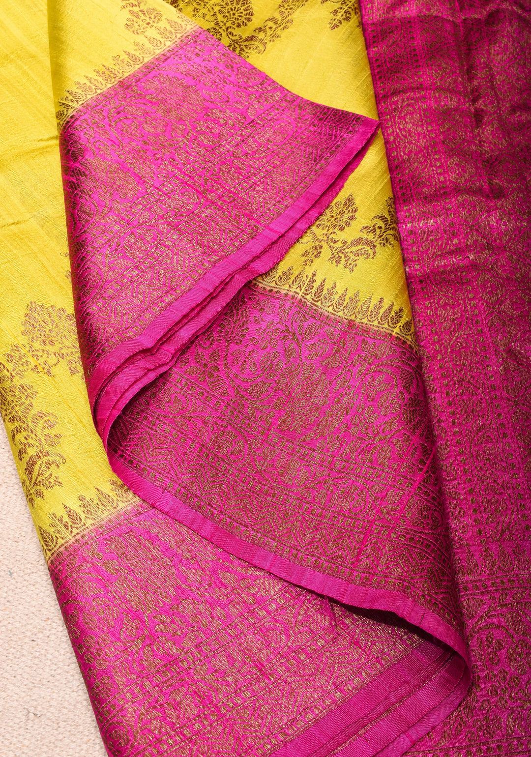 Raw Silk Saree in Yellow with Kadhuwa Jungla in Antique Zari Leheria Jaal in Sunshine Yellow and Pink | SILK MARK CERTIFIED