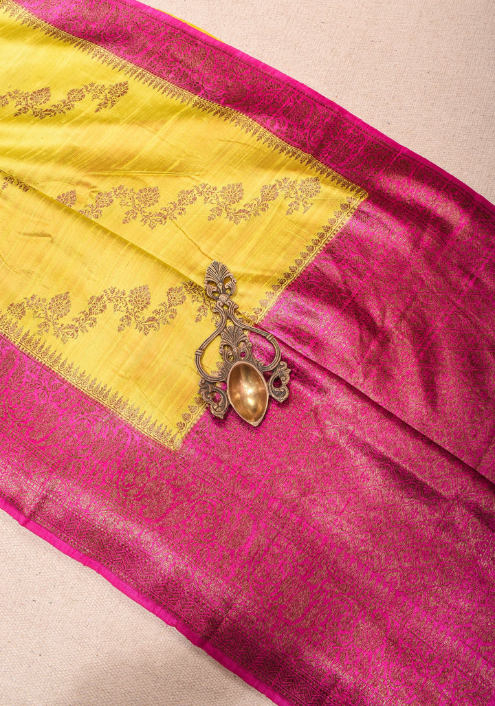 Raw Silk Saree in Yellow with Kadhuwa Jungla in Antique Zari Leheria Jaal in Sunshine Yellow and Pink | SILK MARK CERTIFIED