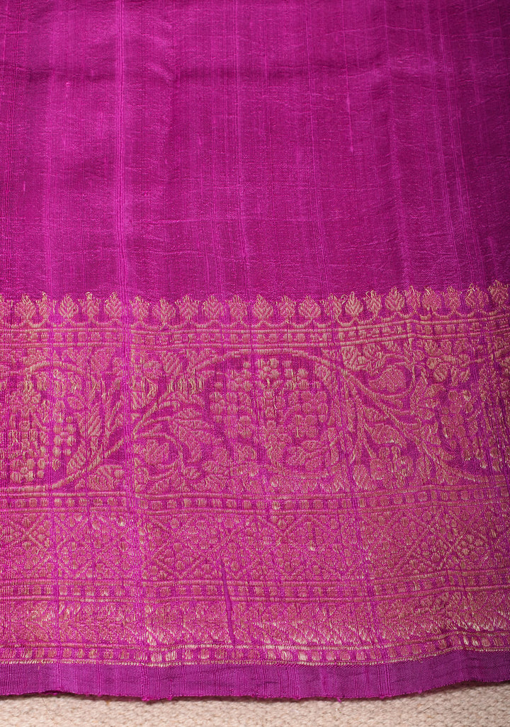 Raw Silk Saree in Cobalt Blue with Antique Zari Buttas and Pink Contrast | SILK MARK CERTIFIED
