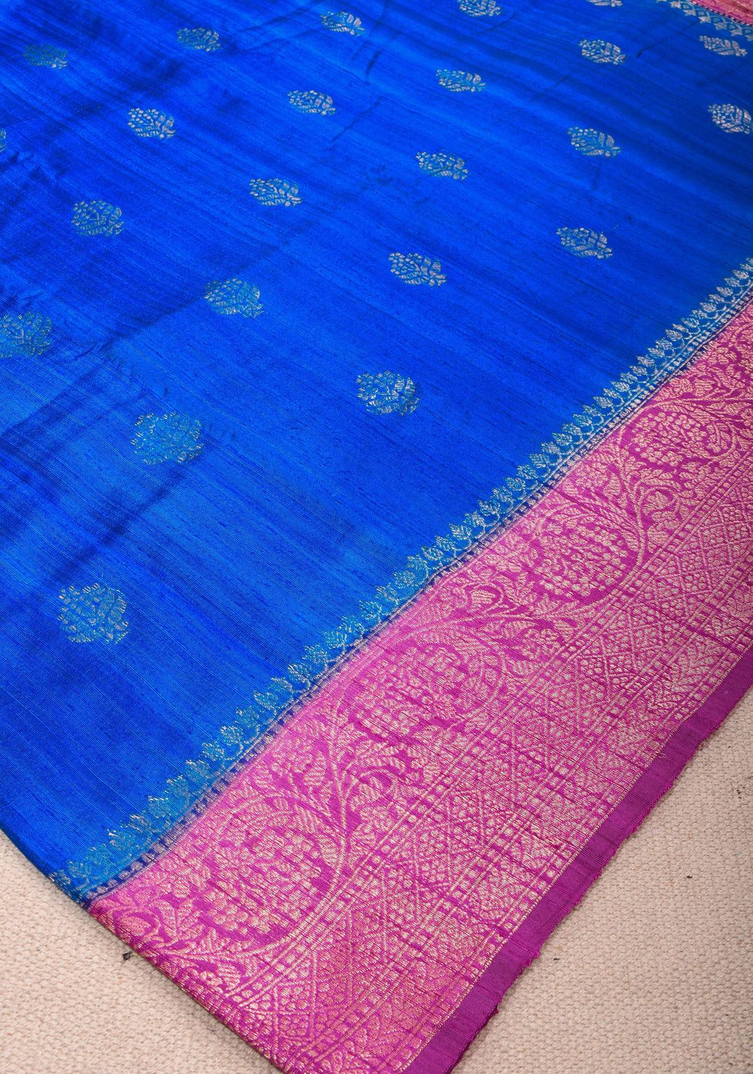 Raw Silk Saree in Cobalt Blue with Antique Zari Buttas and Pink Contrast | SILK MARK CERTIFIED