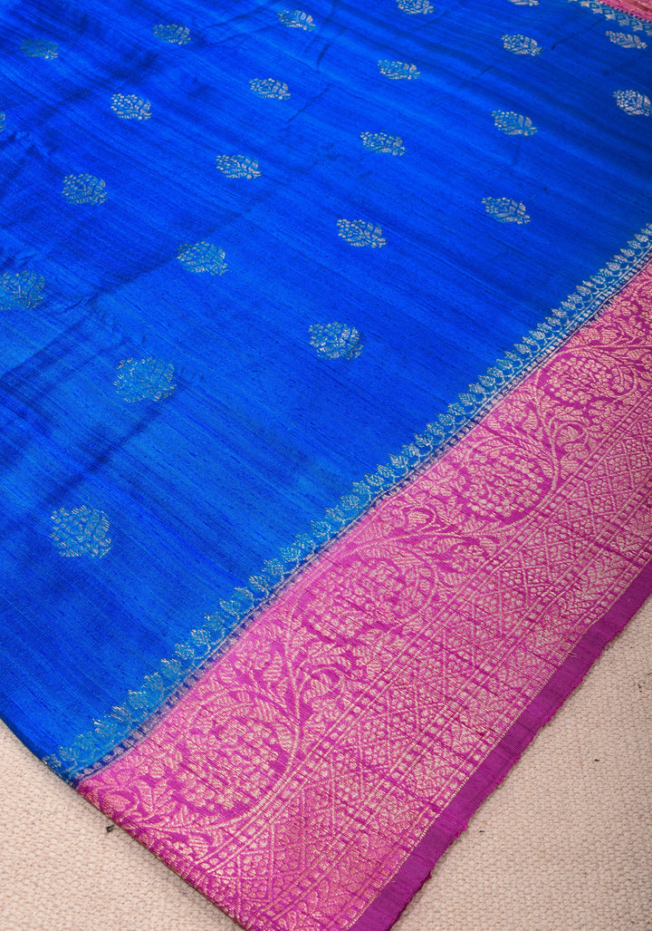 Raw Silk Saree in Cobalt Blue with Antique Zari Buttas and Pink Contrast | SILK MARK CERTIFIED