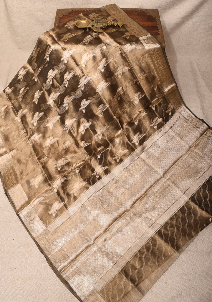 Bronze Banarasi Silk Tissue saree with Zari Buttas and Border | SILK MARK CERTIFIED