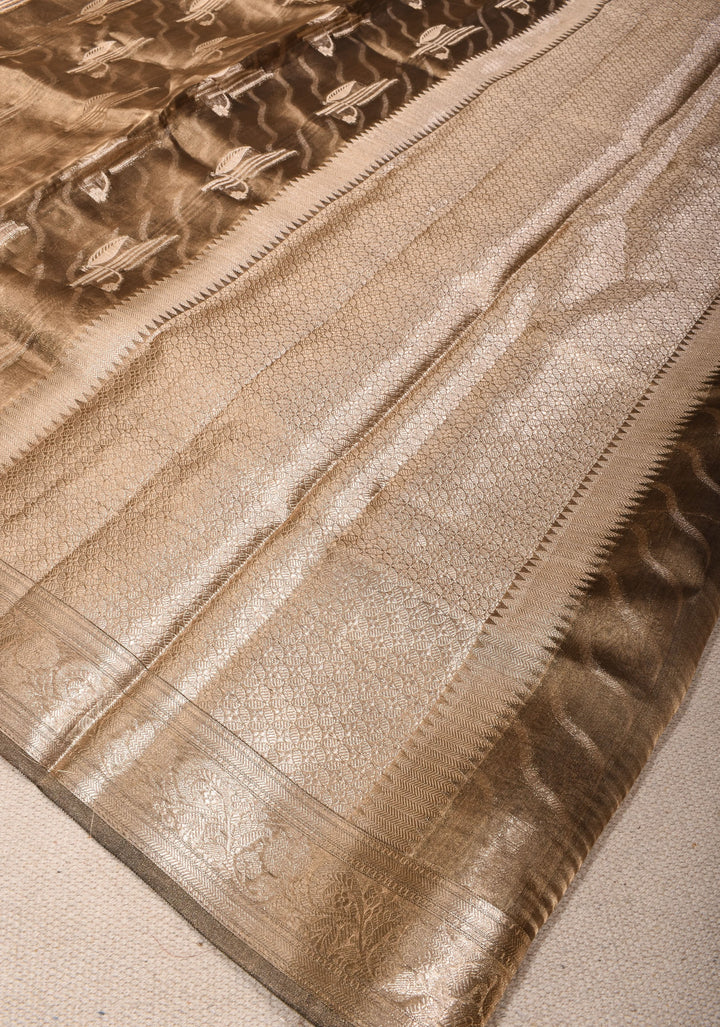 Bronze Banarasi Silk Tissue saree with Zari Buttas and Border | SILK MARK CERTIFIED