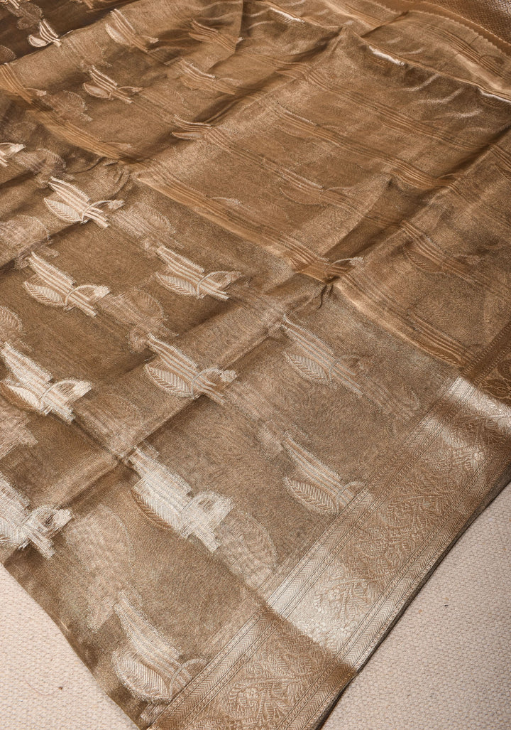 Bronze Banarasi Silk Tissue saree with Zari Buttas and Border | SILK MARK CERTIFIED