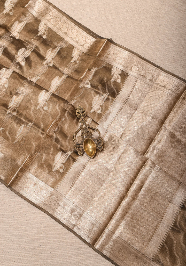 Bronze Banarasi Silk Tissue saree with Zari Buttas and Border | SILK MARK CERTIFIED