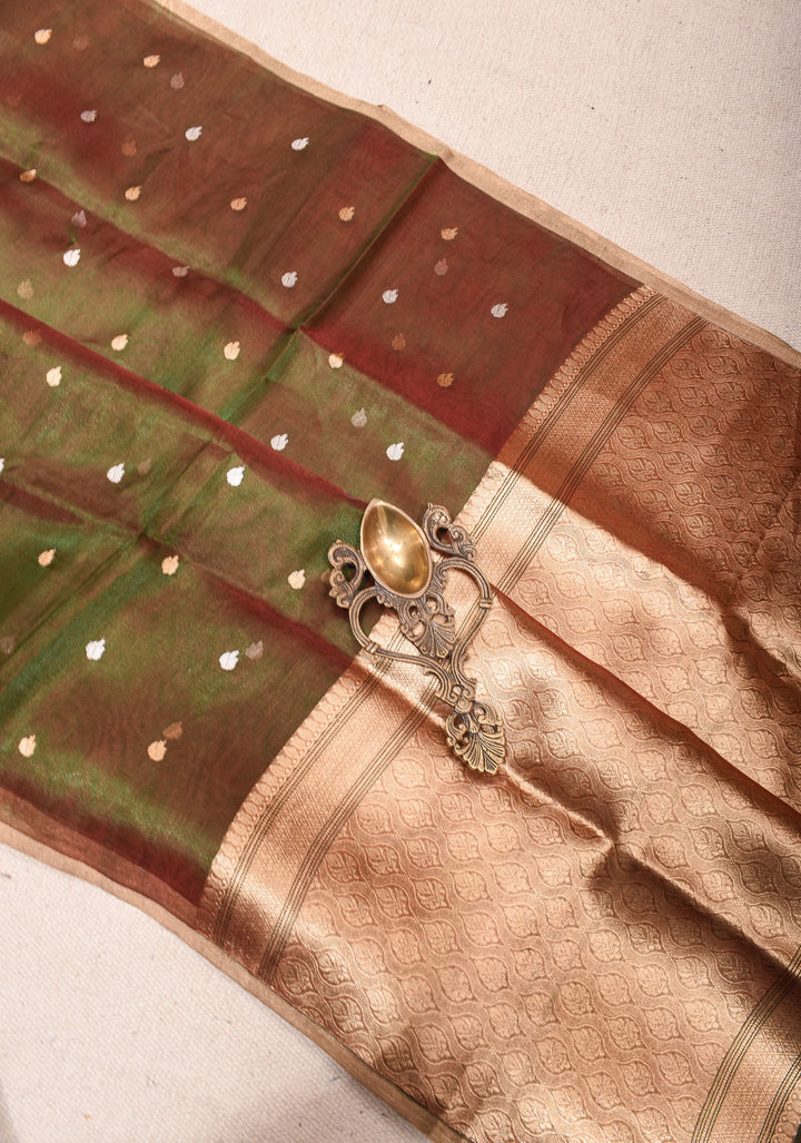 Green and Maroon Dual tone Banarasi Tissue by Kora Silk Saree with Sona Rupa Buttas and Zari Border | SILK MARK CERTIFIED