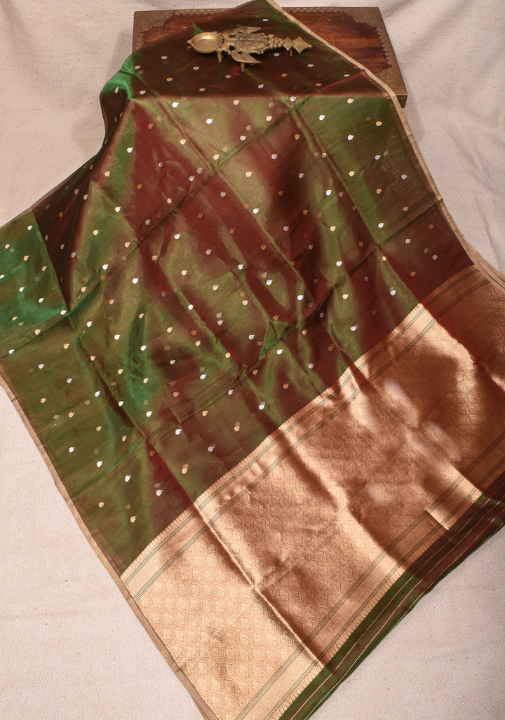 Green and Maroon Dual tone Banarasi Tissue by Kora Silk Saree with Sona Rupa Buttas and Zari Border | SILK MARK CERTIFIED