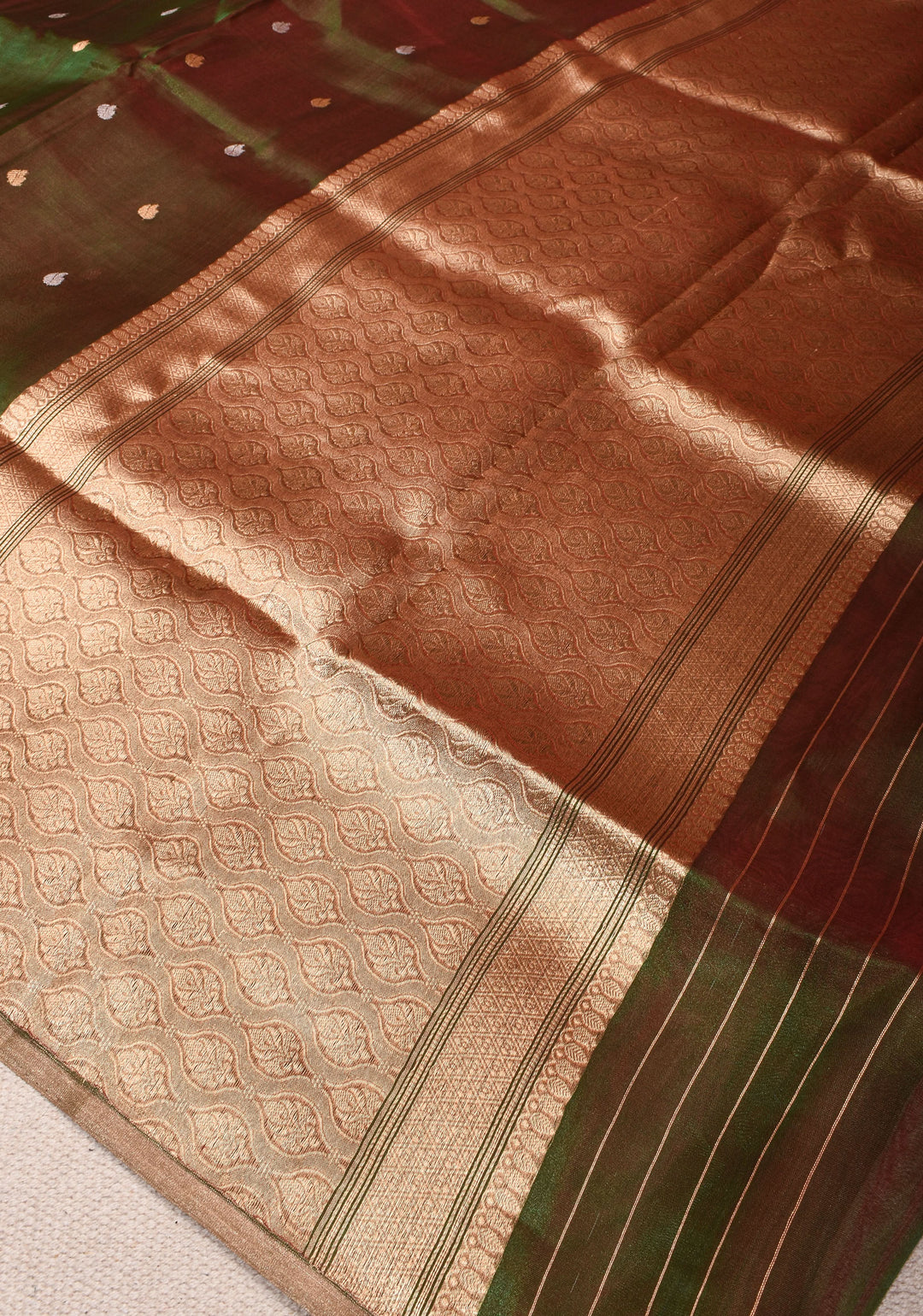 Green and Maroon Dual tone Banarasi Tissue by Kora Silk Saree with Sona Rupa Buttas and Zari Border | SILK MARK CERTIFIED