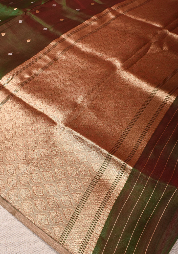 Green and Maroon Dual tone Banarasi Tissue by Kora Silk Saree with Sona Rupa Buttas and Zari Border | SILK MARK CERTIFIED