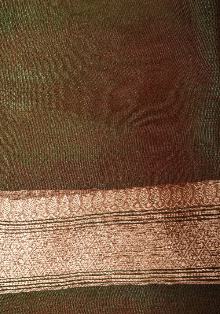 Green and Maroon Dual tone Banarasi Tissue by Kora Silk Saree with Sona Rupa Buttas and Zari Border | SILK MARK CERTIFIED