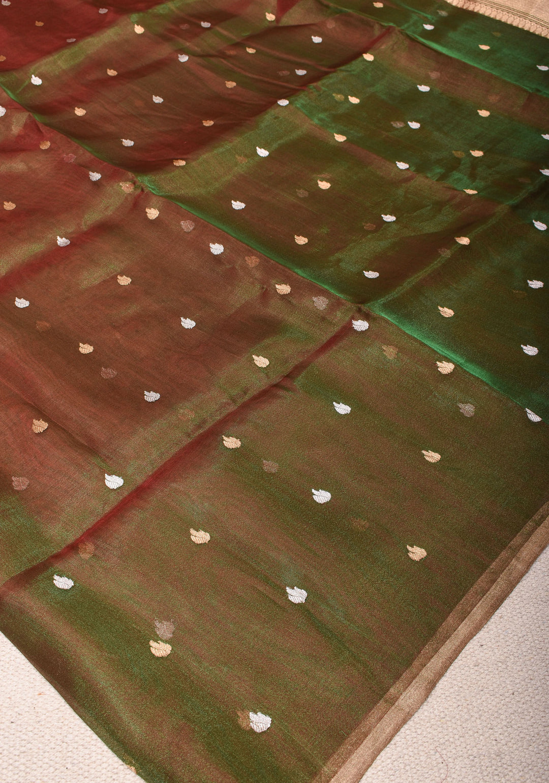 Green and Maroon Dual tone Banarasi Tissue by Kora Silk Saree with Sona Rupa Buttas and Zari Border | SILK MARK CERTIFIED