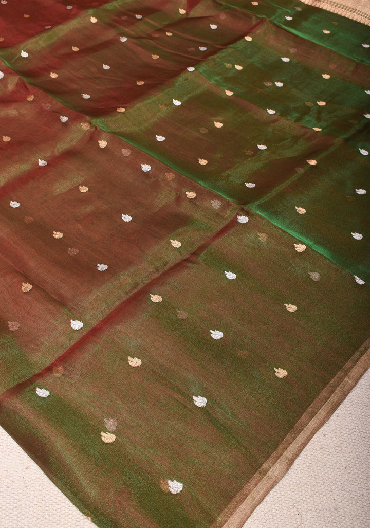 Green and Maroon Dual tone Banarasi Tissue by Kora Silk Saree with Sona Rupa Buttas and Zari Border | SILK MARK CERTIFIED