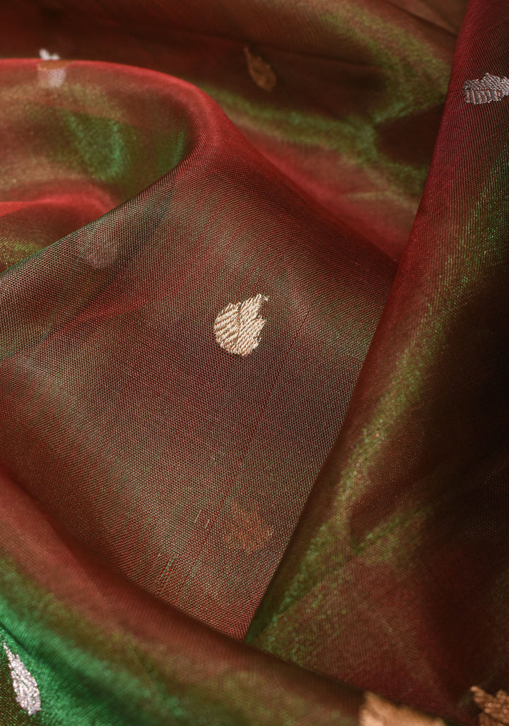 Green and Maroon Dual tone Banarasi Tissue by Kora Silk Saree with Sona Rupa Buttas and Zari Border | SILK MARK CERTIFIED