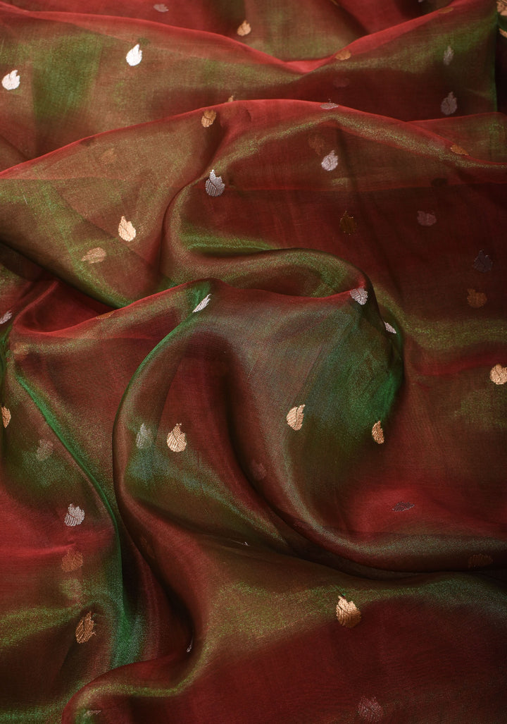 Green and Maroon Dual tone Banarasi Tissue by Kora Silk Saree with Sona Rupa Buttas and Zari Border | SILK MARK CERTIFIED