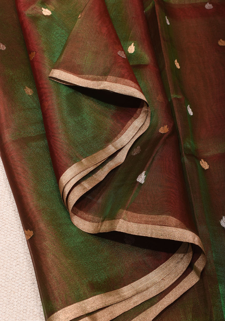 Green and Maroon Dual tone Banarasi Tissue by Kora Silk Saree with Sona Rupa Buttas and Zari Border | SILK MARK CERTIFIED