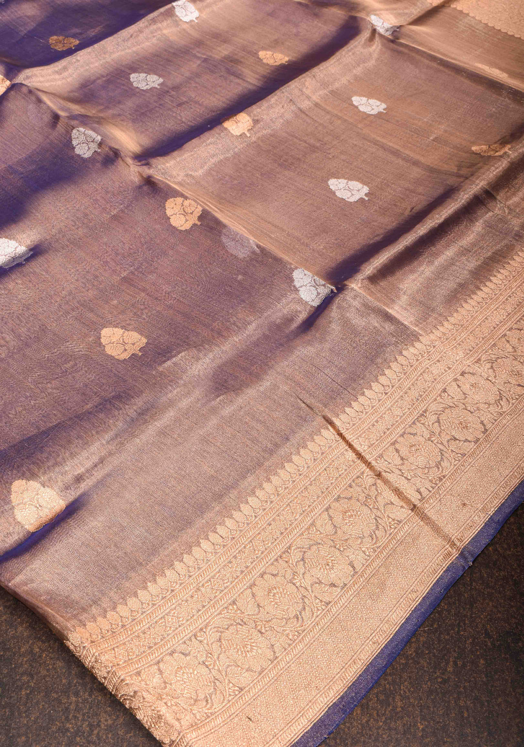 Blue Tone Banarasi Pure Tissue Silk Saree with Sona Rupa Buttas and Zari Border | SILK MARK CERTIFIED