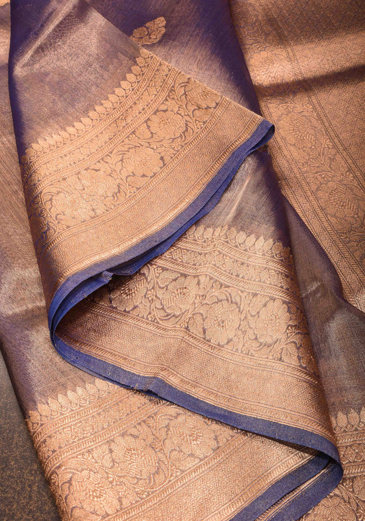 Blue Tone Banarasi Pure Tissue Silk Saree with Sona Rupa Buttas and Zari Border | SILK MARK CERTIFIED