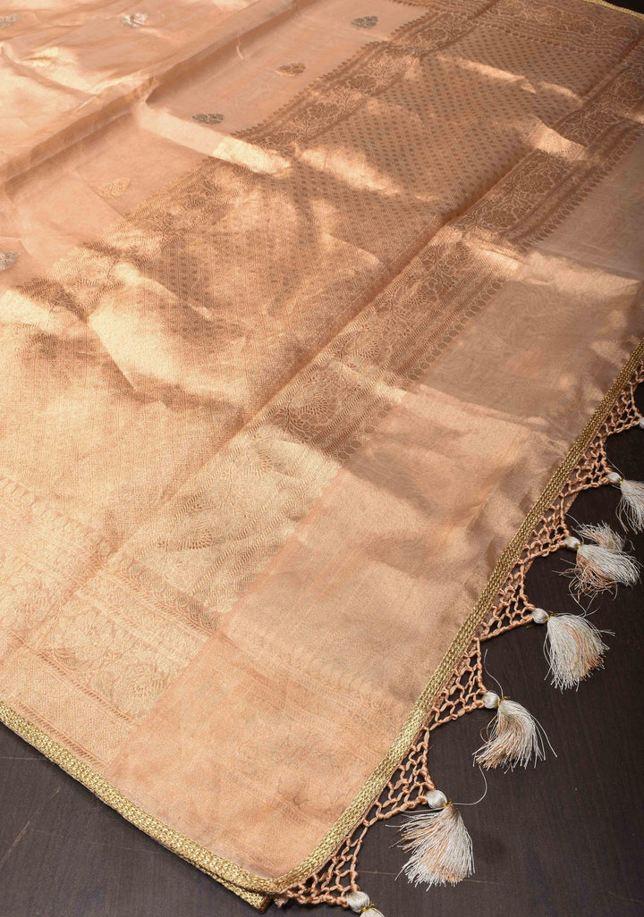Stunning Golden Tissue Pure Silk Banarasi Saree with Sona Rupa Damask Motifs and Gold Zari Border | SILK MARK CERTIFIED