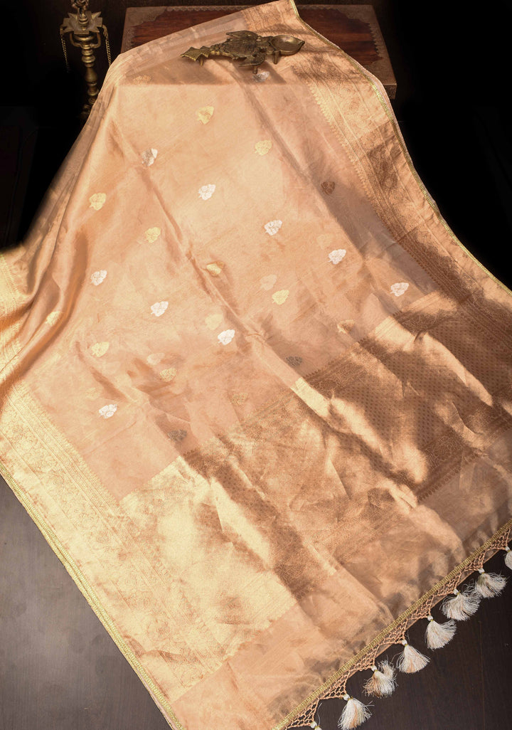 Stunning Golden Tissue Pure Silk Banarasi Saree with Sona Rupa Damask Motifs and Gold Zari Border | SILK MARK CERTIFIED