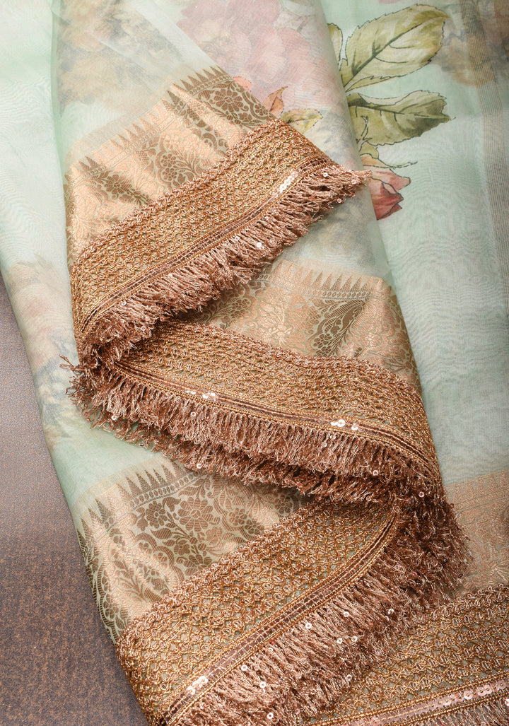 Sage Green Pure Organza Silk Saree with Floral Digital Print and Lace Trim Border | SILK MARK CERTIFIED