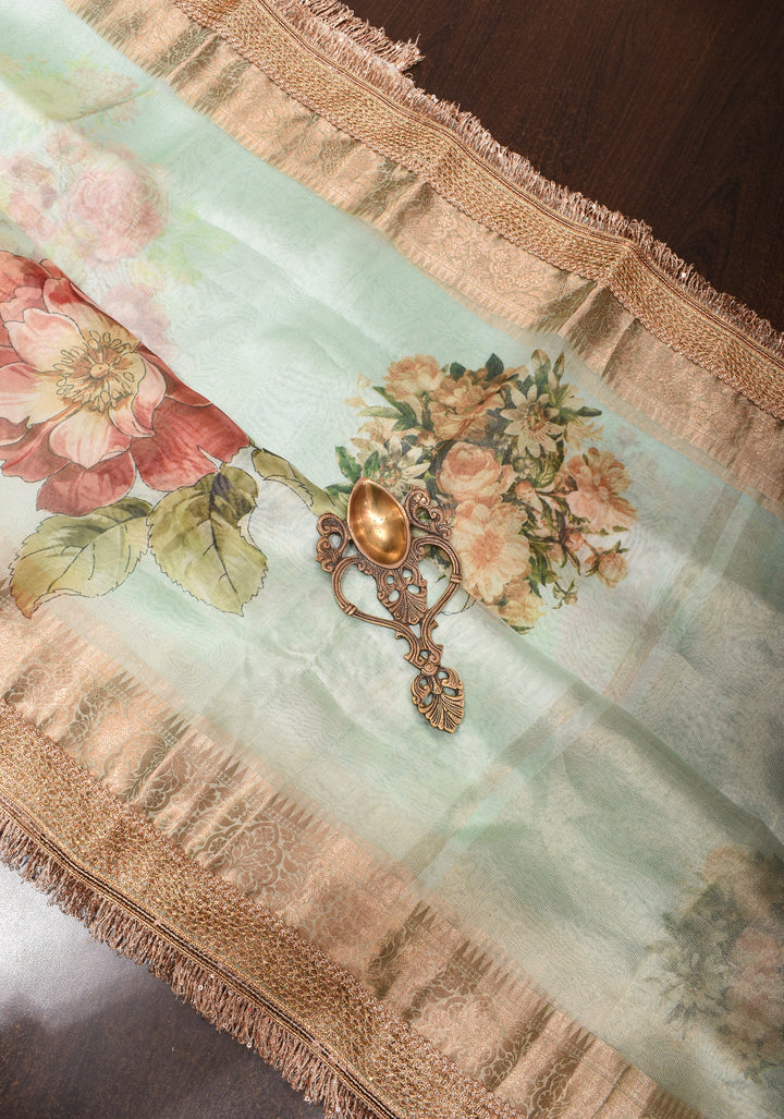 Sage Green Pure Organza Silk Saree with Floral Digital Print and Lace Trim Border | SILK MARK CERTIFIED