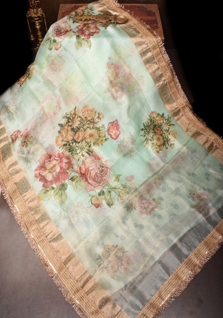 Sage Green Pure Organza Silk Saree with Floral Digital Print and Lace Trim Border | SILK MARK CERTIFIED