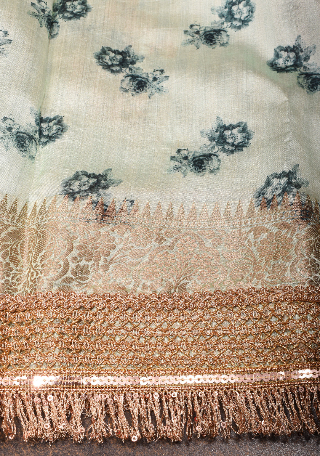 Sage Green Pure Organza Silk Saree with Floral Digital Print and Lace Trim Border | SILK MARK CERTIFIED