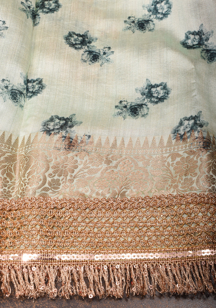 Sage Green Pure Organza Silk Saree with Floral Digital Print and Lace Trim Border | SILK MARK CERTIFIED