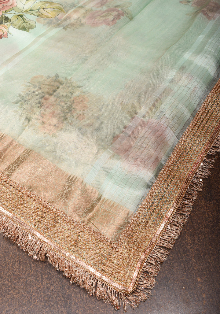 Sage Green Pure Organza Silk Saree with Floral Digital Print and Lace Trim Border | SILK MARK CERTIFIED