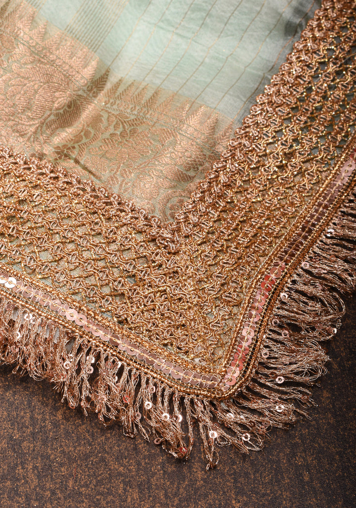 Sage Green Pure Organza Silk Saree with Floral Digital Print and Lace Trim Border | SILK MARK CERTIFIED