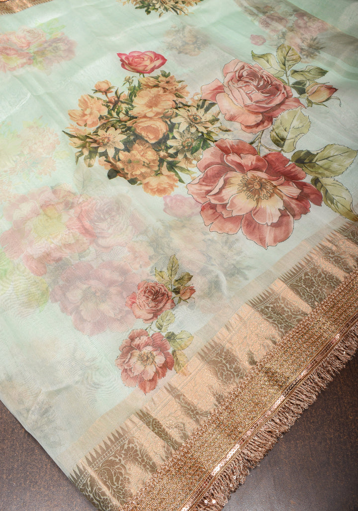 Sage Green Pure Organza Silk Saree with Floral Digital Print and Lace Trim Border | SILK MARK CERTIFIED