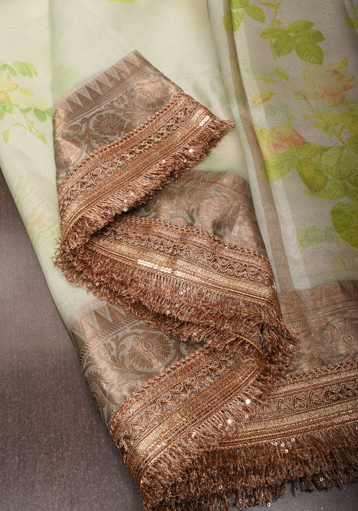 Off White Pure Organza Silk Saree with Floral Digital Print and Lace Trim Border | SILK MARK CERTIFIED