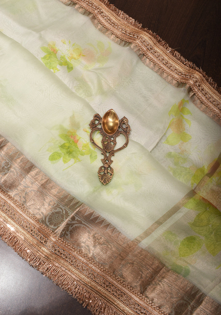 Off White Pure Organza Silk Saree with Floral Digital Print and Lace Trim Border | SILK MARK CERTIFIED