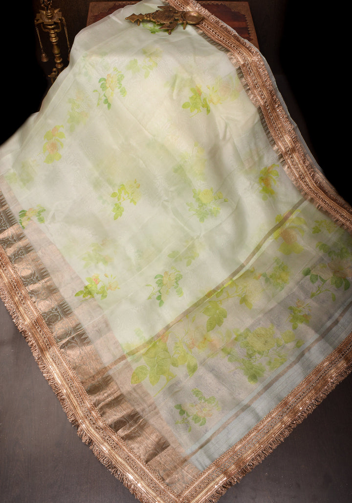 Off White Pure Organza Silk Saree with Floral Digital Print and Lace Trim Border | SILK MARK CERTIFIED