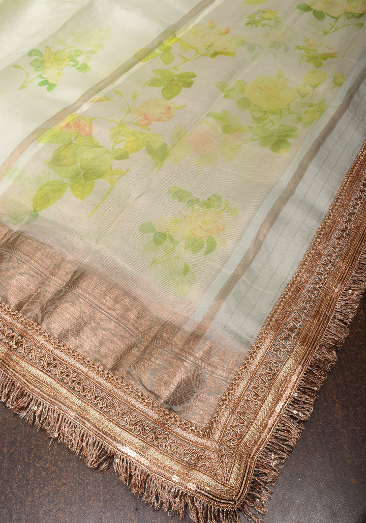 Off White Pure Organza Silk Saree with Floral Digital Print and Lace Trim Border | SILK MARK CERTIFIED