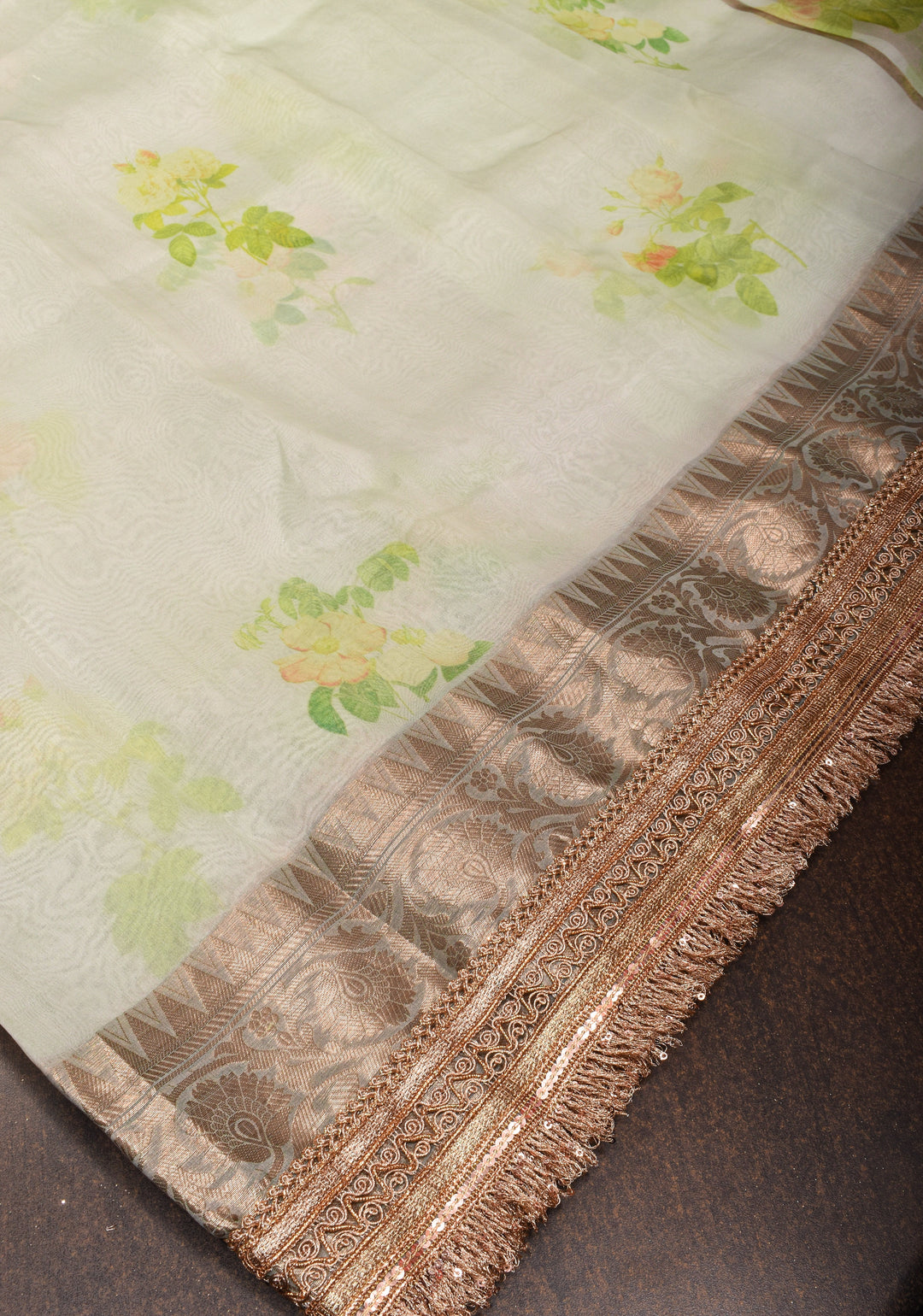 Off White Pure Organza Silk Saree with Floral Digital Print and Lace Trim Border | SILK MARK CERTIFIED
