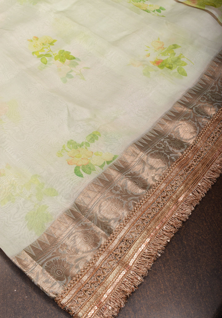 Off White Pure Organza Silk Saree with Floral Digital Print and Lace Trim Border | SILK MARK CERTIFIED