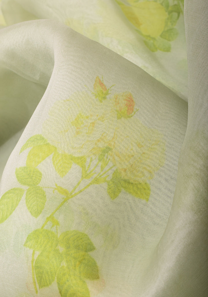 Off White Pure Organza Silk Saree with Floral Digital Print and Lace Trim Border | SILK MARK CERTIFIED