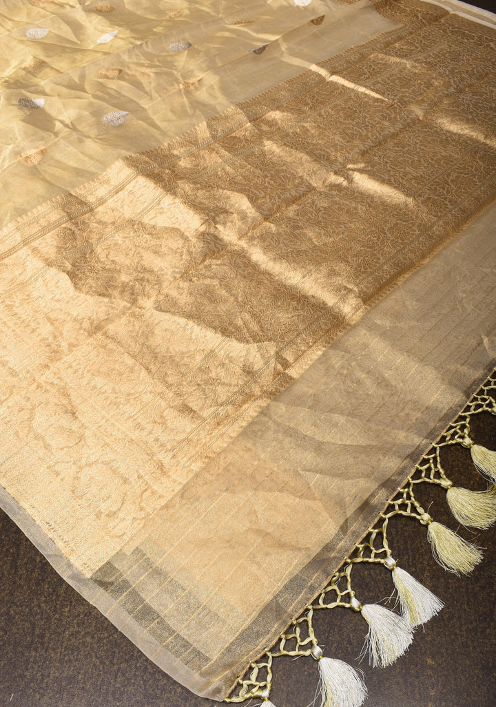 Tan Gold Banarasi Tissue Silk Saree with Sona Rupa Buttas and Zari Border | SILK MARK CERTIFIED