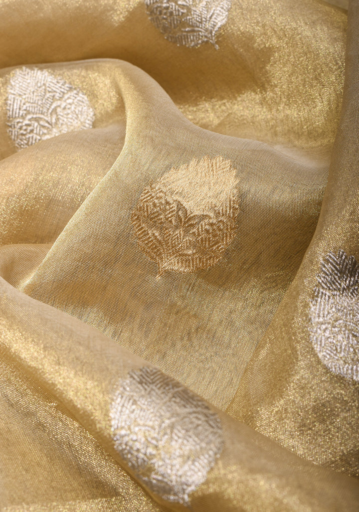 Tan Gold Banarasi Tissue Silk Saree with Sona Rupa Buttas and Zari Border | SILK MARK CERTIFIED