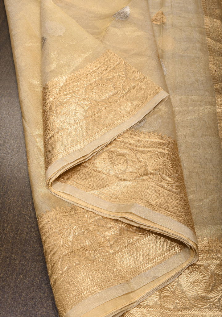 Tan Gold Banarasi Tissue Silk Saree with Sona Rupa Buttas and Zari Border | SILK MARK CERTIFIED