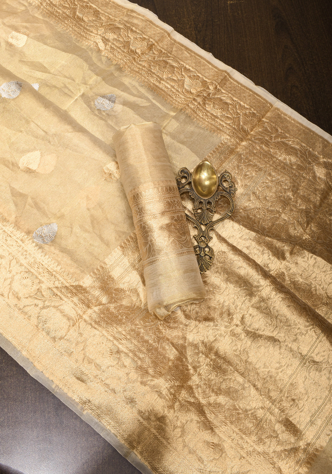 Tan Gold Banarasi Tissue Silk Saree with Sona Rupa Buttas and Zari Border | SILK MARK CERTIFIED