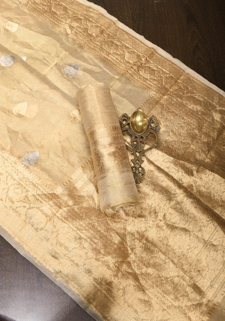 Tan Gold Banarasi Tissue Silk Saree with Sona Rupa Buttas and Zari Border | SILK MARK CERTIFIED