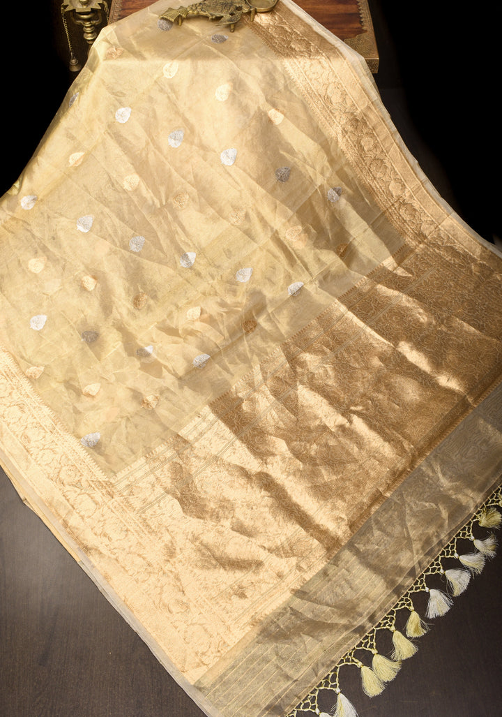 Tan Gold Banarasi Tissue Silk Saree with Sona Rupa Buttas and Zari Border | SILK MARK CERTIFIED