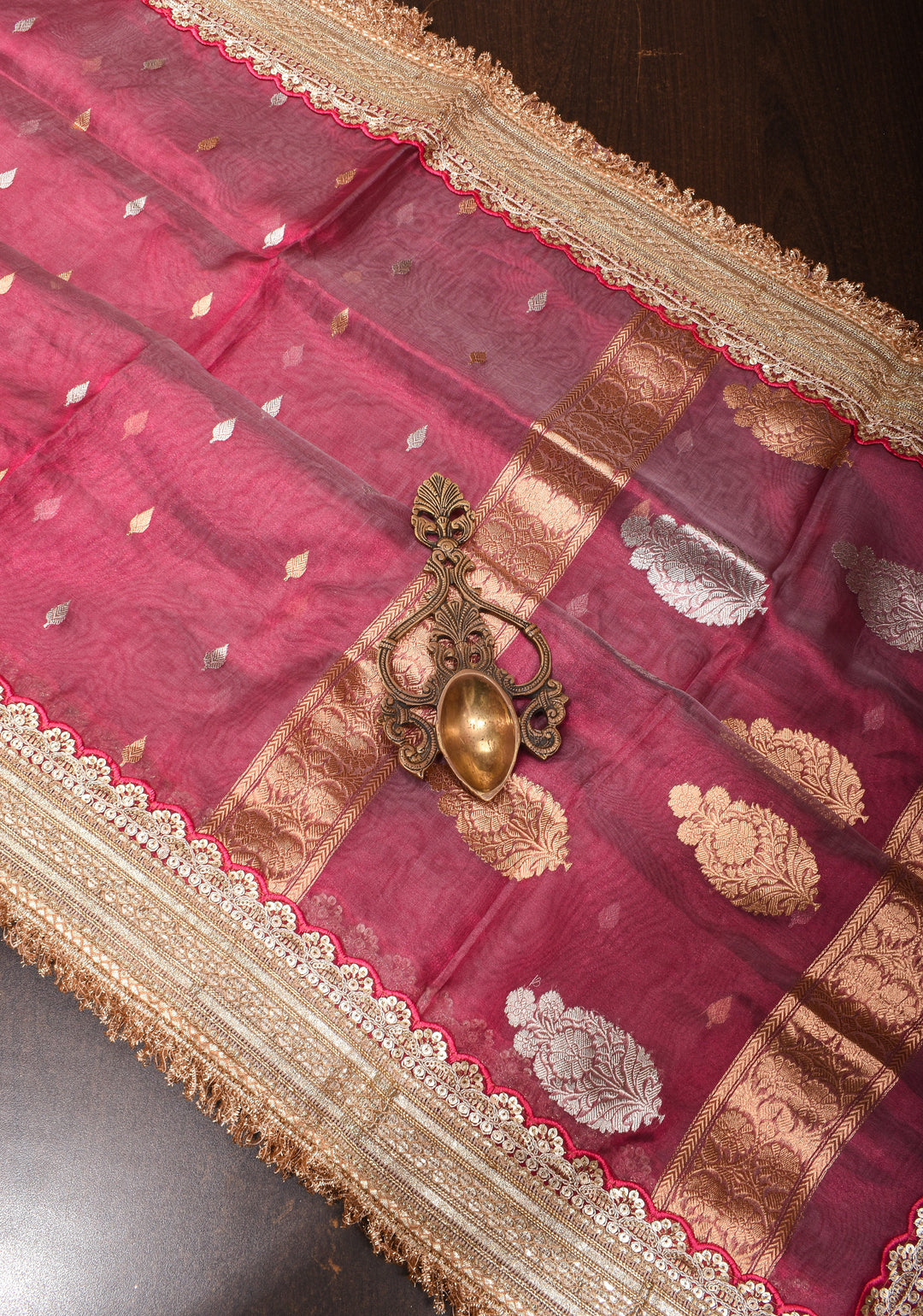 Trendy Pure Banarasi Tissue Silk Saree in Pinkish Red with Fancy Lace Trim and Sona Rupa Floral Buttas | SILK MARK CERTIFIED