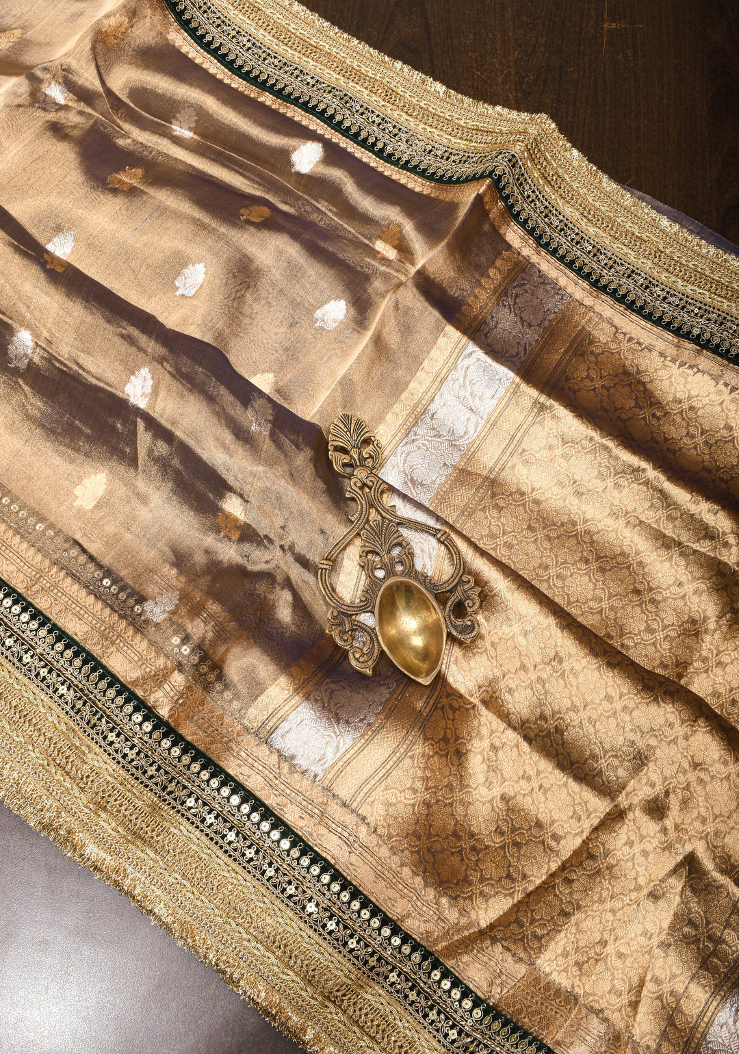 Bronze Pure Organza Silk Saree with Sona Rupa Zari Buttas and Lace Trim Border| SILK MARK CERTIFIED