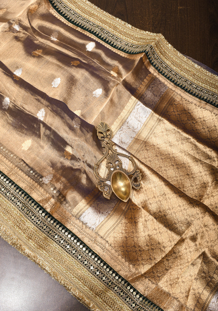Bronze Pure Organza Silk Saree with Sona Rupa Zari Buttas and Lace Trim Border| SILK MARK CERTIFIED