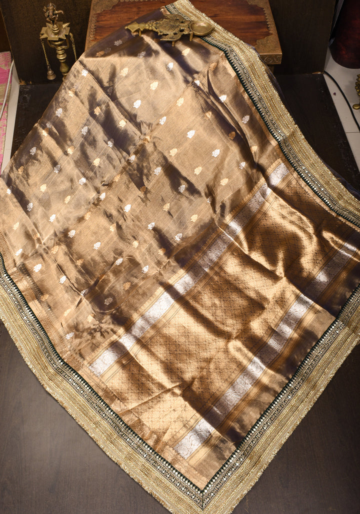 Bronze Pure Organza Silk Saree with Sona Rupa Zari Buttas and Lace Trim Border| SILK MARK CERTIFIED