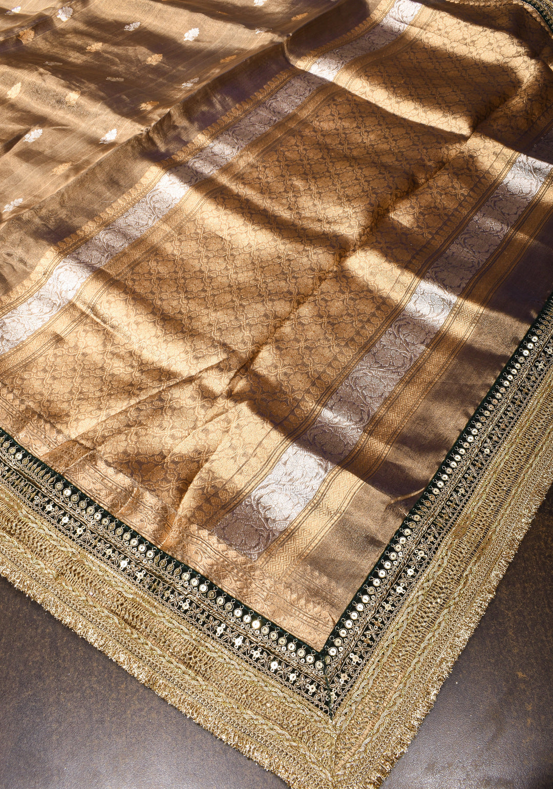 Bronze Pure Organza Silk Saree with Sona Rupa Zari Buttas and Lace Trim Border| SILK MARK CERTIFIED